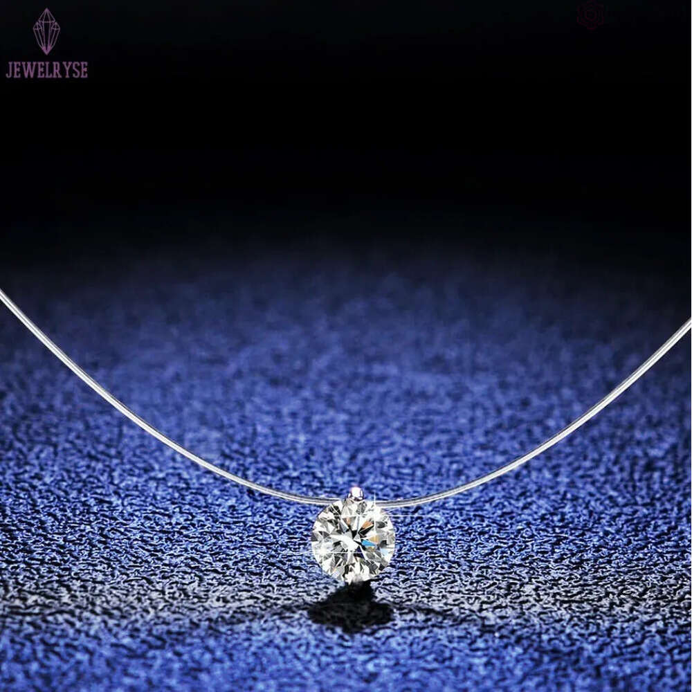 Simple Solitaire Pendant Fashion Jewelry 925 Sterling Silver Round Cut Moissanite Diamond Transparent Fishline Party Women Wedding Beach Necklace Gift