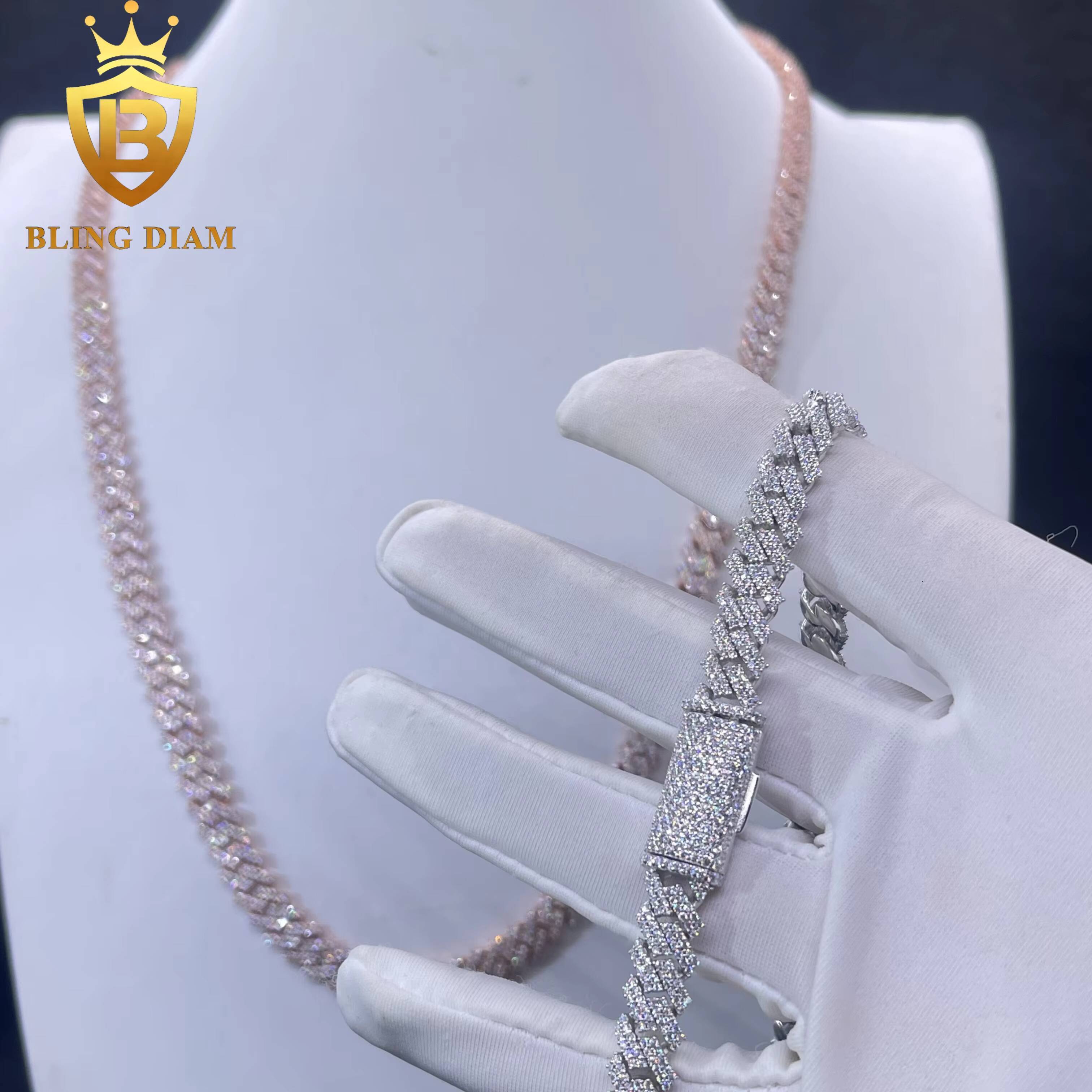 8mm Hip Hop Jewelry 2 Rows Moissanite Iced Out Miami Rose Gold Cuban Link Chain 925 Sterling Silver Necklace for Men