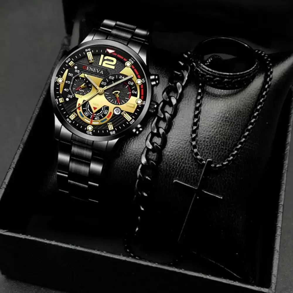 Explosions mens watches fashion stainless steel business luminous hands mens calendar quartz watch set Y251212