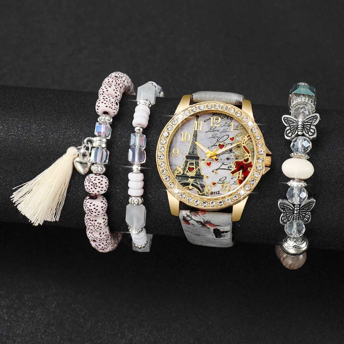 4/5PCS Fashion Flowers Prinetd Women Watches Bracelets Set Casual Leather Strap Quartz Wristwatch Reloj MujerWithout Box Y251212