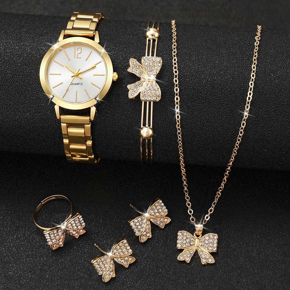6PCS/Set Womens Watch Fashion Gold Steel Band Quartz Watches Rhinestone Bowknot Jewelry SetWithout Box Y251212