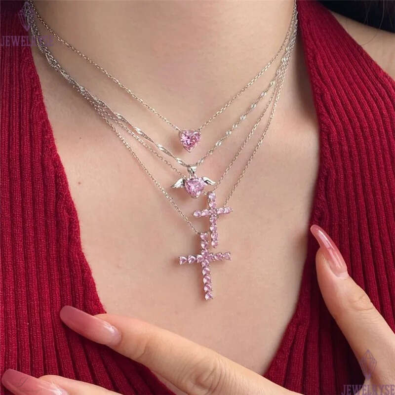 pink diamond heart cross necklace desinger for woman party s925 sterling silver luxury jewelry 5A zirconia womens love choker necklaces friend birthda