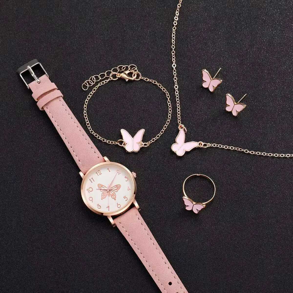 6PCS/Set Fashion Butterfly Dial Women Quartz Watch Simple Leather Strap Wrist Watches Jewelry Set Reloj MujerWithout Box Y251212