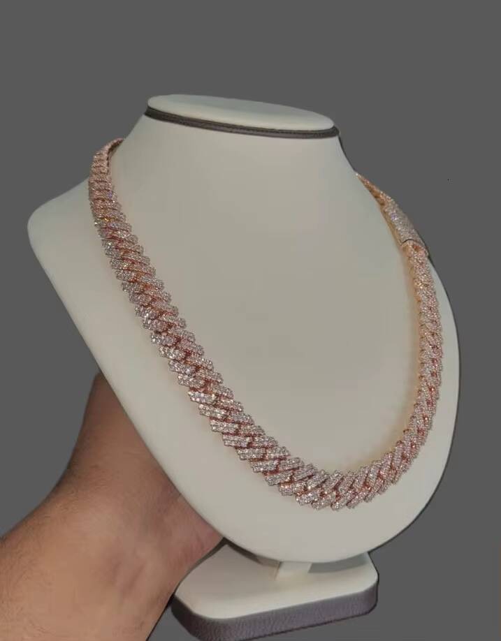 12mm Iced Miami Cuban Link Chains Rose Gold 925 Sterling Silver VVS Real Moissanite for Certified Chokers Necklaces Pass