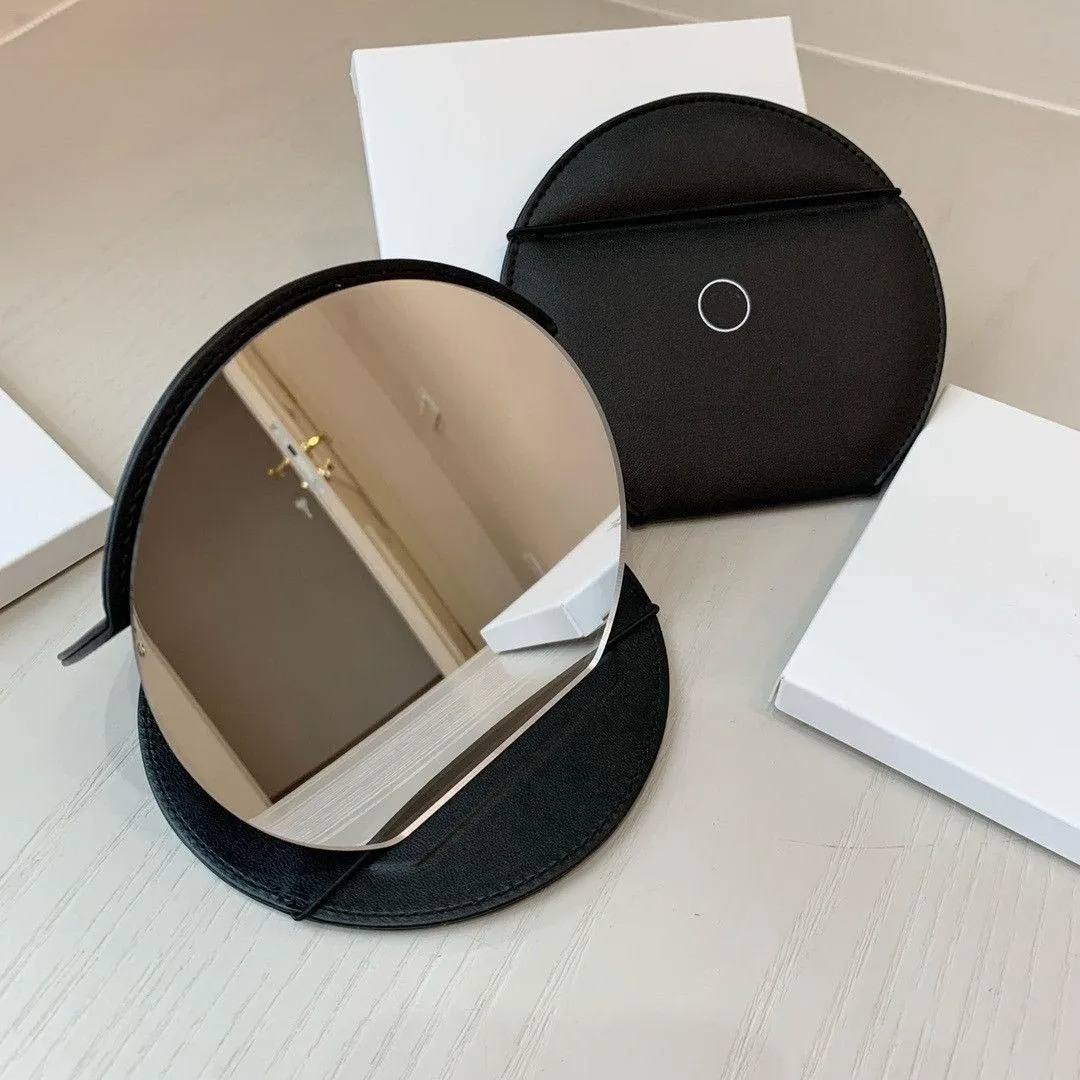 Designer Black Round Mirror Classic Logo Printed Folding Mirror Women's Portable Leather makeup mirror Travel Makeup Tool Diameter 13.5cm