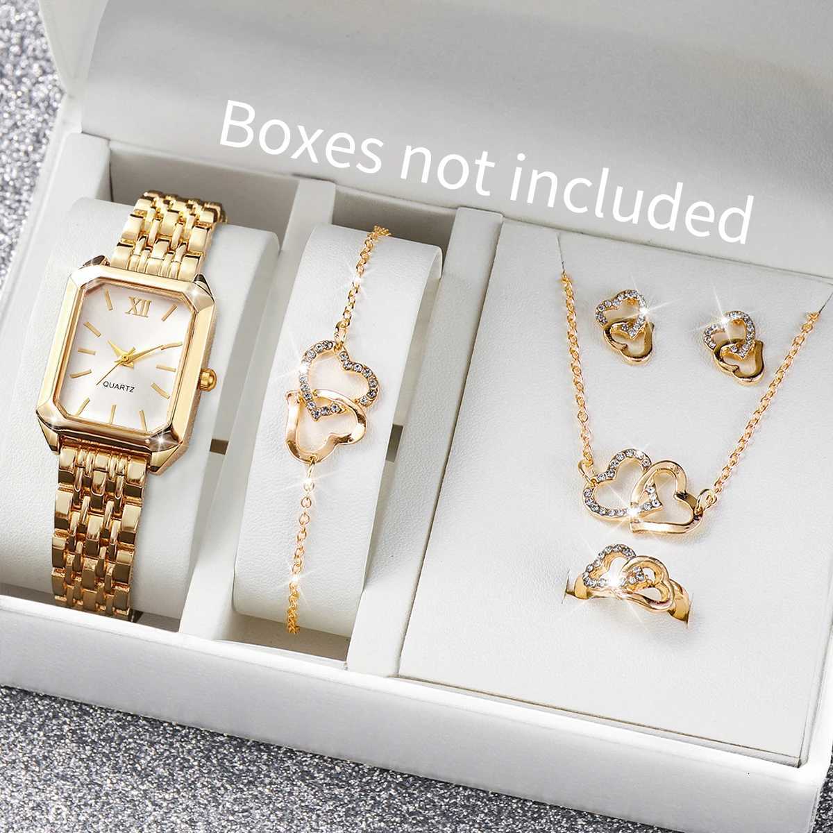 6PCS/Set Fashion Roma Dial Women Watches Ladies Rectangle Quartz Wristwatch Rhinestone Jewelry Set Reloj Mujer Without Box Y251212