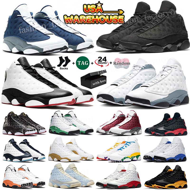 With Box 13 13s Mens Jump Basketball Shoes Blue Grey Red Black Cat Flint Playoffs Wheat Court Purple Hyper Royal Obsidian man Sports Sneaker Trainers size 36-47