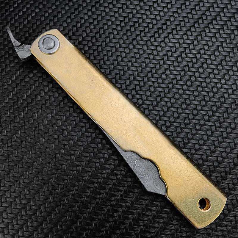 Mini Japanese Folding Knife, Vg10 Damascus Steel Blade, Copper Handle, Ideal for Camping Outdoor Fishing Daily Carry Tool, Survival Tools - view 3
