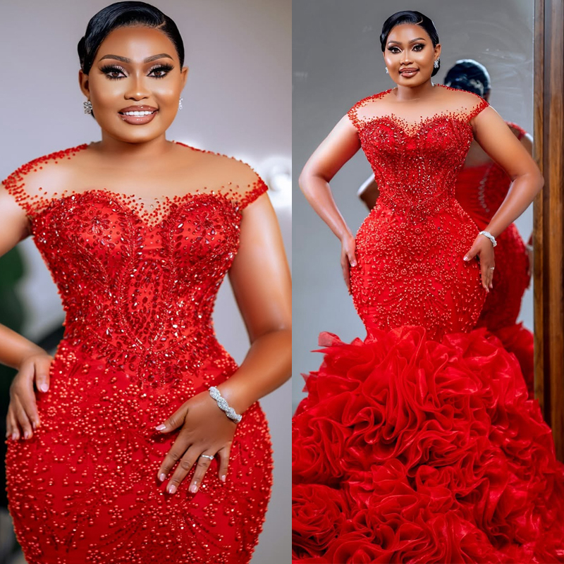 2026 Red Plus Size Prom Dresses for Black Women Sparkling Evening Dresses Sheer Neck Short Sleeves Illusion Birthday Party Gowns for African Girls AM3