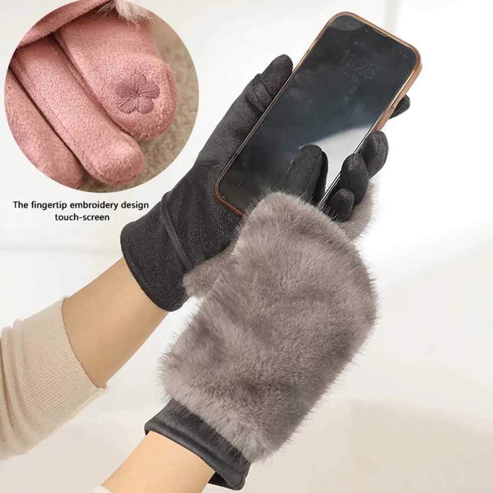 Suede Gloves Rabbit Fur Gloves Touch Screen Hand Protection Riding Cold-proof Warm Windproof Thickened Women Fur Gloves Y251211