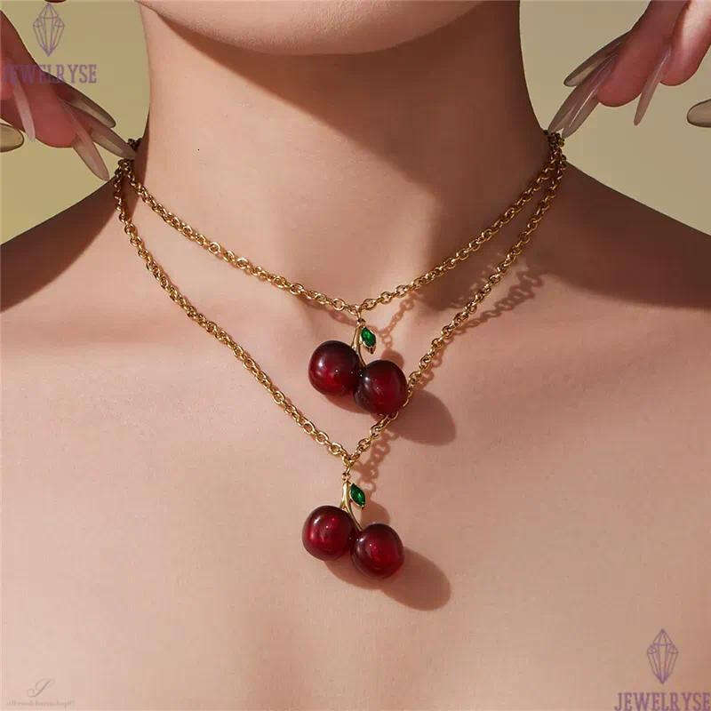 cute cherry necklace designer for woman 18k gold chain stainless steel fruit pendant necklaces school daily outfit women fashion jewelry friend family