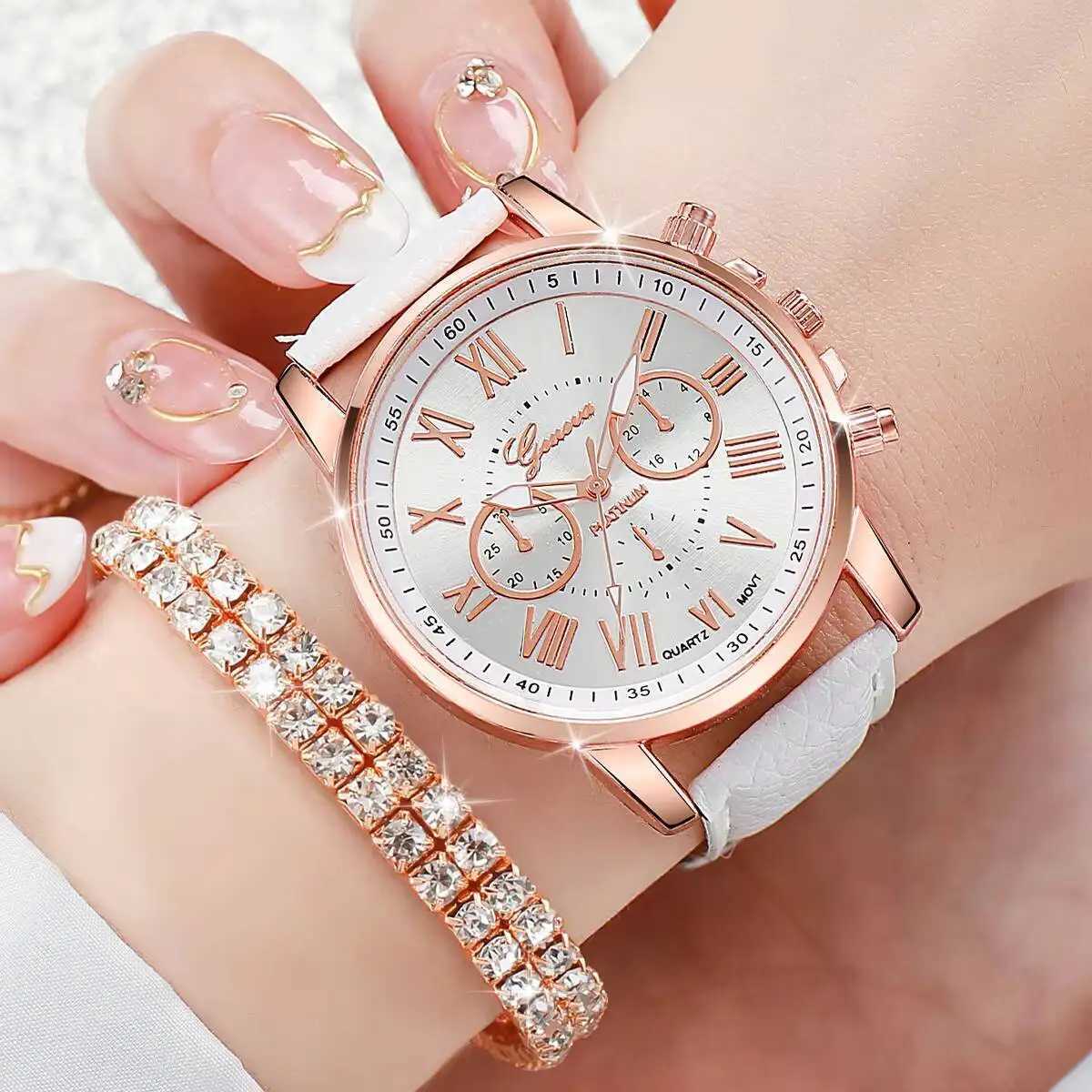 6PCS/Set Casual Leather Strap Women Watches Ladies Quartz Wrist Watch Rhinestone Jewelry Set Reloj MujerWithout Box Y251212