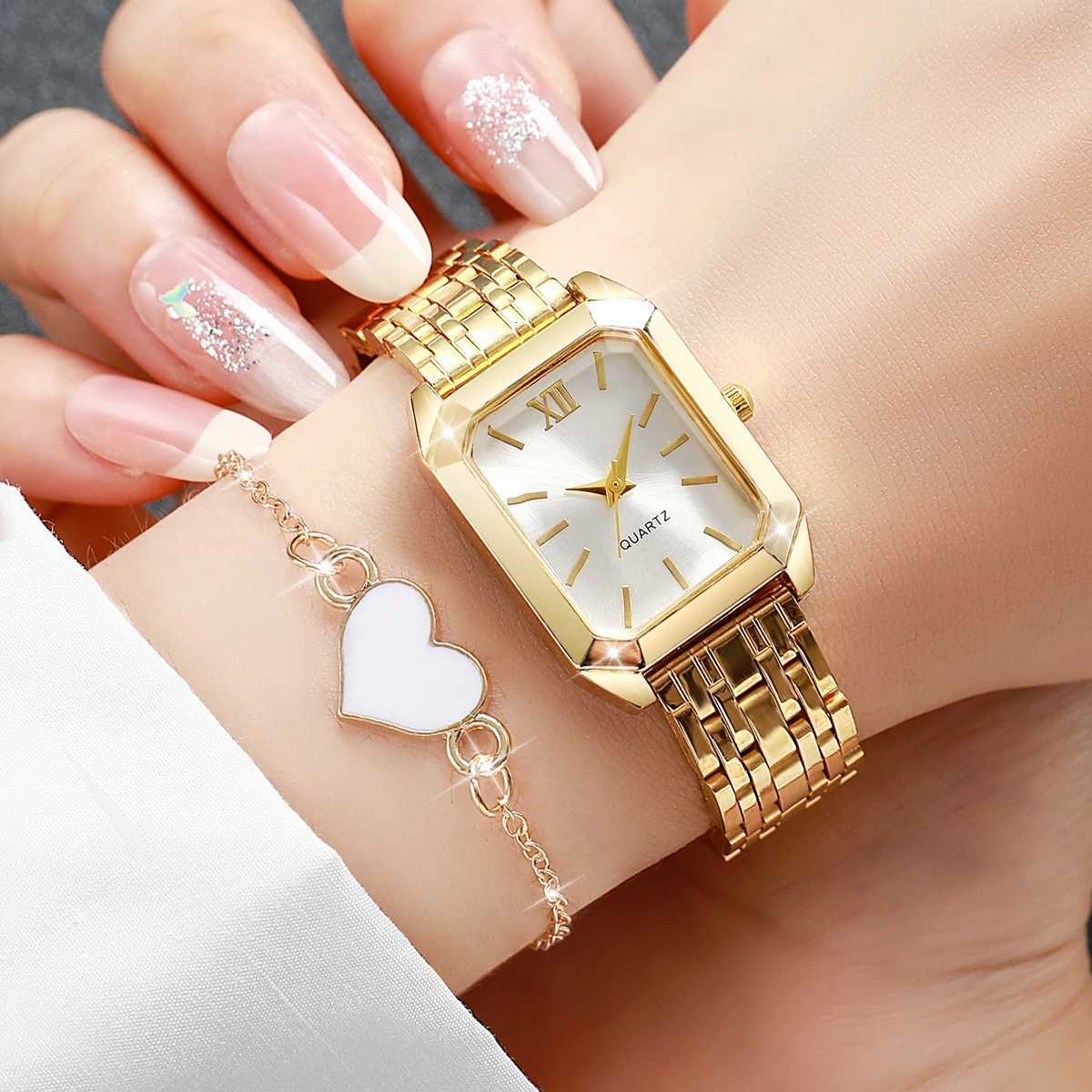 5PCS/Set Fashion Rectangle Women Quartz Watches Casual Roma Dial Watch Heart Jewelry Set Reloj Mujer Without Box Y251212