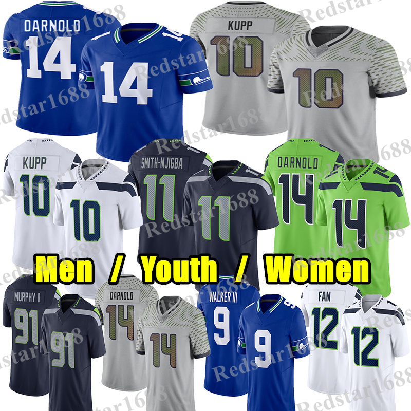 #10 Cooper Kupp Football Jersey #14 Sam Darnold Jaxon Smith-Njigba Kenneth Walker III Devon Witherspoon Drew Lock Demarcus Lawrence Byron Murphy II Grey Zabel jerseys