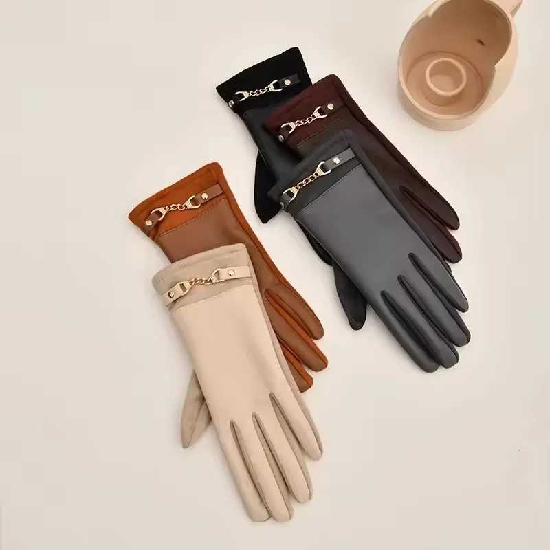 Winter Korean Elegant Synthetic Leather Gloves for Women Waterproof Fleece Lining Warm Touch Screen Waterproof Windproof Gloves Y251211