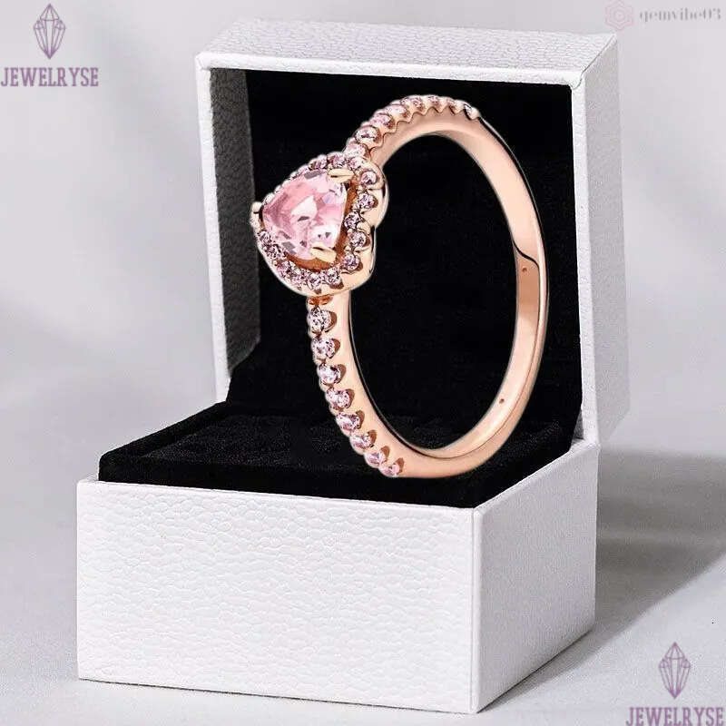 Rose gold Pink stone Elevated Heart Rings with Retail Box Real 925 Silver CZ diamond Women Wedding Nail Love Engagement Ring Factory wholesale