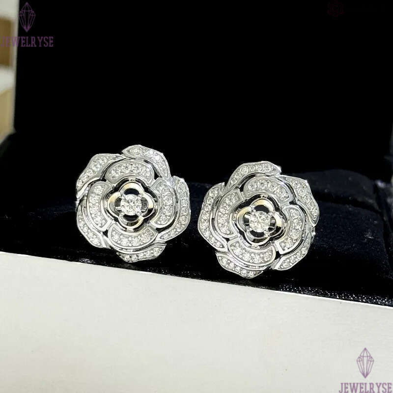 S925 sterling silver camellia flower designer stud earrings for women luxury diamond zircon hollow rose flowers aretes earring earings ear rings jewel