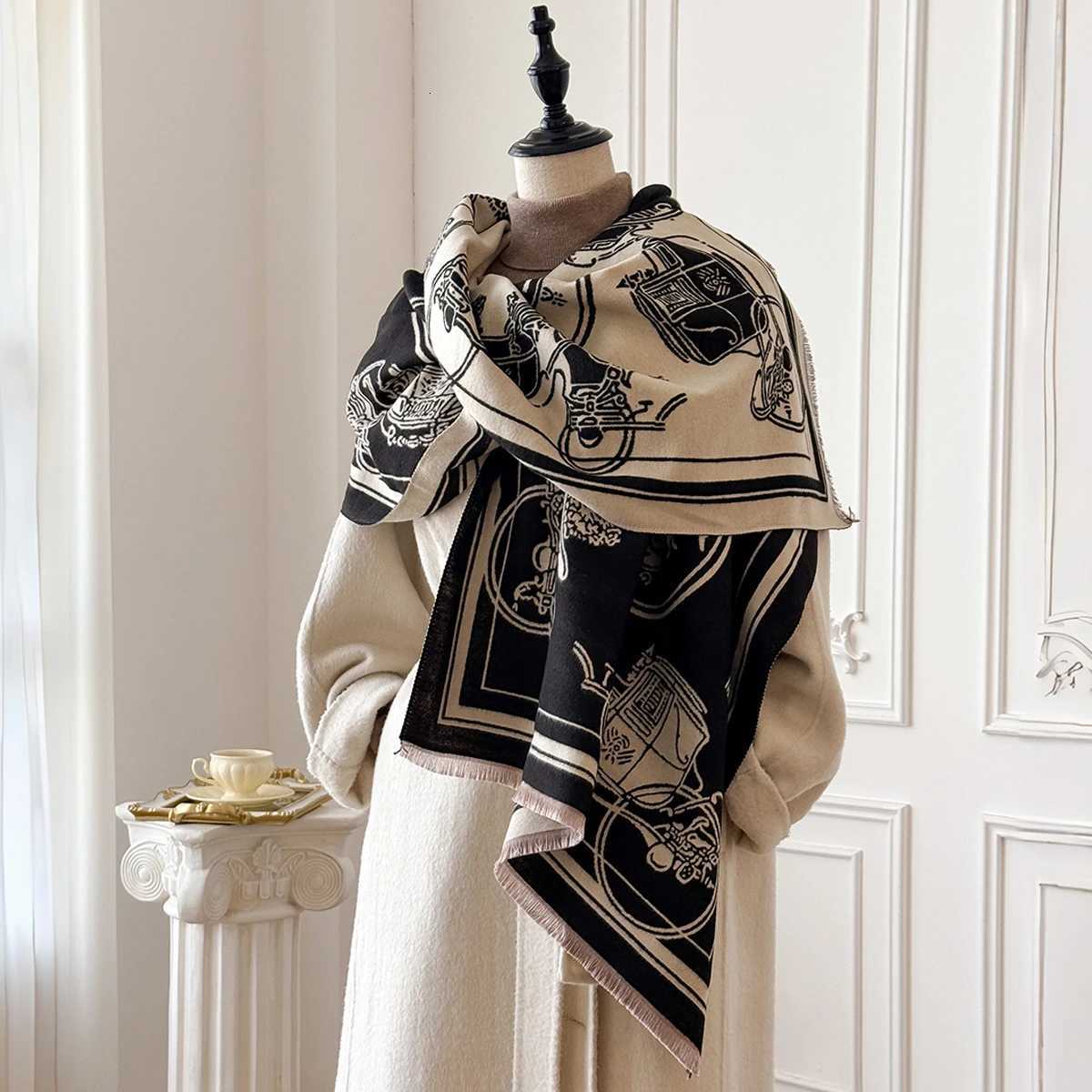 Winter Warm Cashmere Jacquard Scarf New Design Horse Carriage Pattern High Quality Womens Thicken Wrap Shawl Ladies Wool Y251211