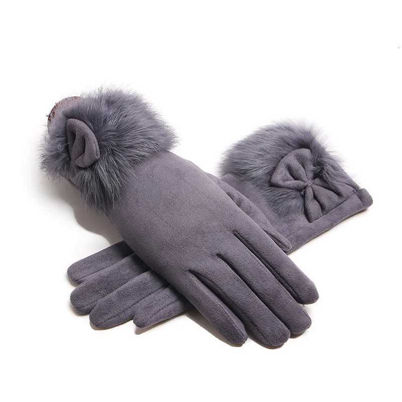 Winter Female Suede Leather Bow Plush Wrist Mitten Women Thick Plus Plush Windproof Warm Touch Screen Driving Gloves J22 Y251211