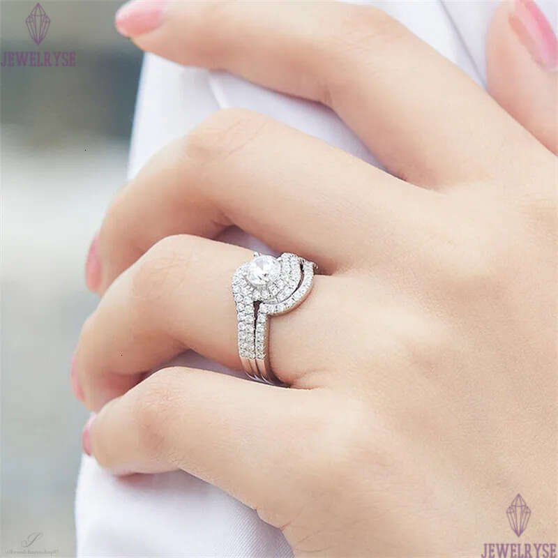 luxury round 2pcs/set stacking diamond designer ring for wed propose s925 sterling silver 5A zirconia engagement wedding rings jewelry woman gift box 