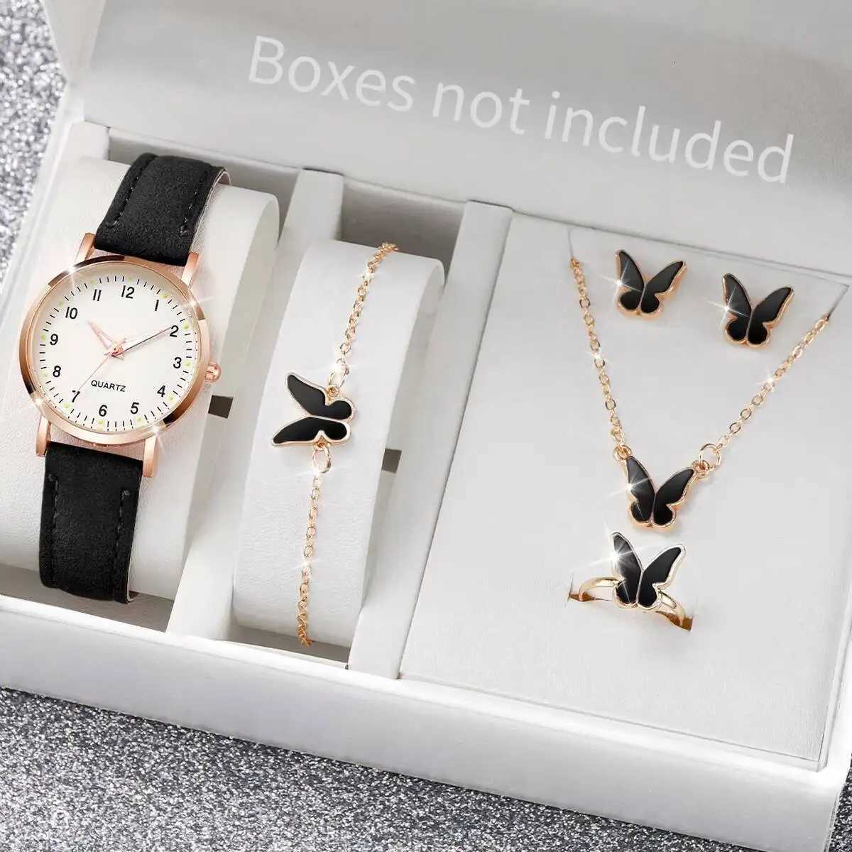 6PCS/Set Fashion Arabic Dial Women Quartz Watch Casual Leather Strap Wristwatch Butterfly Jewelry Set Reloj MujerWithout Box Y251212