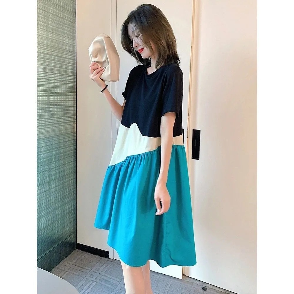 Plus Size Summer A- line Slimming Loose-fit Color Blocking Korean Dress Dresses Casual Fashion Trends For Women 240807
