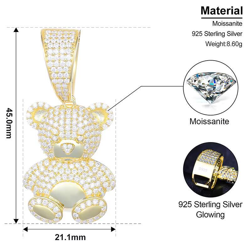 Wholesale Hip Hop Jewelry 925 Sterling Silver Pass Diamond Tester VVS Moissanite Iced Out Cute Teddy Bear Pendant Necklace