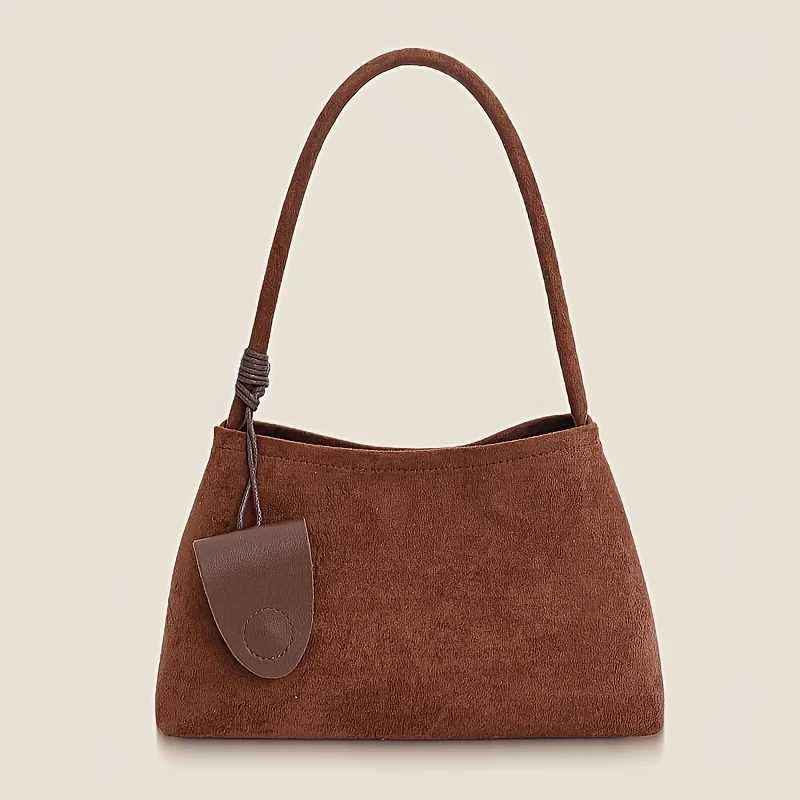 Wens Elegant Tote Bag Suede Fabric Shoder Bag Solid Brown Hand with Zipper Closure Durable Fixed Strap Phe Makeup Y251211