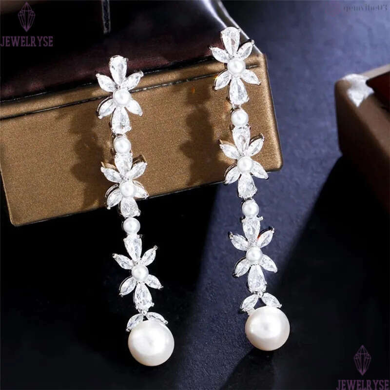 Luxury Long Dangle Charm Faux Pearl Bridal Earrings Wedding Designer Earring for Woman White AAA Cubic Zirconia Drop Leaf Womens Engagement Jewelry Gi