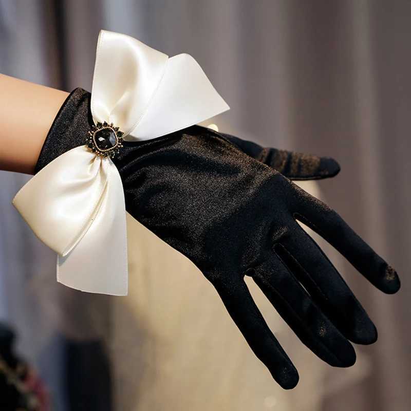 Korean Solid Color Satin Black Bow Rhinestones Studio Photo Wedding Dress Gloves Women Summer Driving Sunscreen Gloves S95 Y251211