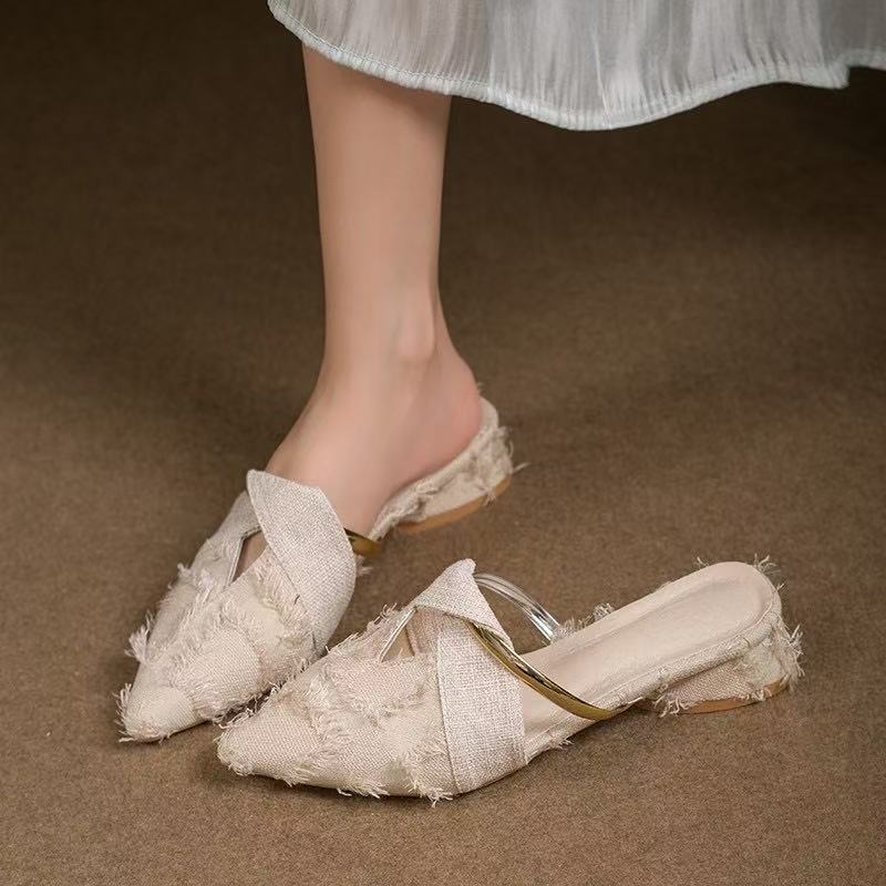 Slippers 2024 Women Mules Elegant Sandals Pumps Summer Female Shoes Low Heels New In Fashion Ladies Sandal Pointed Toe Slides shoes