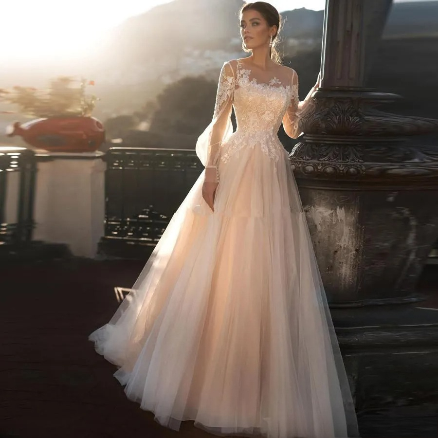 Champagne Bohemia A Line Dresses Sheer Long Sleeves Tulle Lace Applique Sweep Train Wedding Bridal Gowns robes de mariee D12