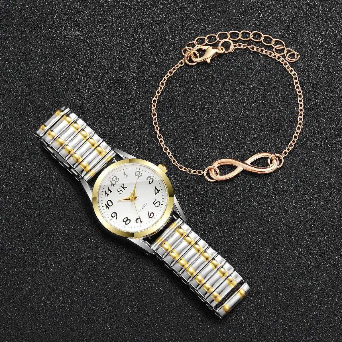 2PCS/Set Fashion Elastic Strap Women Watches Ladies Arabic Dial Quartz Wristwatches Bracelet Set Reloj MujerWithout Box Y251212