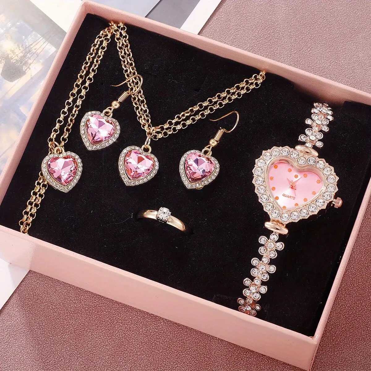 6pcs Womens Watch Rhinestone Heart Pointer Quartz Watch Cute Bracelet Wrist Watch Jewelry Set Gift For Her Y251212