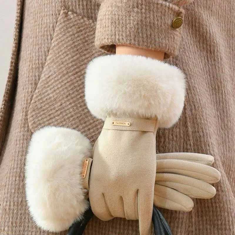 Women Winter Keep Warm Plush Wrist Fingertips Clamshell Touch Screen Gloves Fashion Elegant Retro Luxury Drive Cycling Thicken Y251211