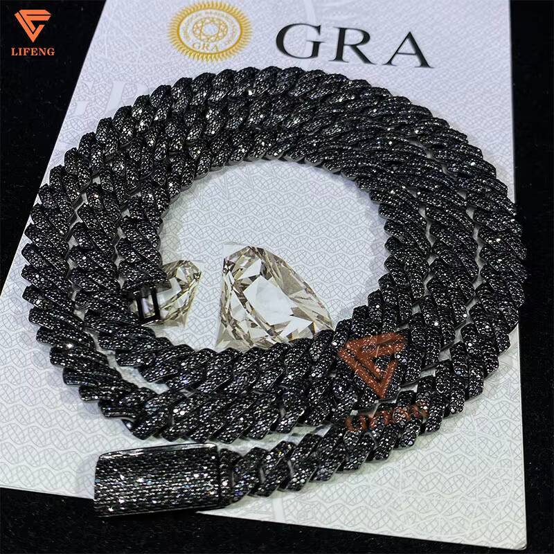 Hot Selling Black Diamond Cuban Chain 8mm 2 Rows 925 Silver Black Gold Plated Iced Out Chain Moissanite Cuban Link Chain