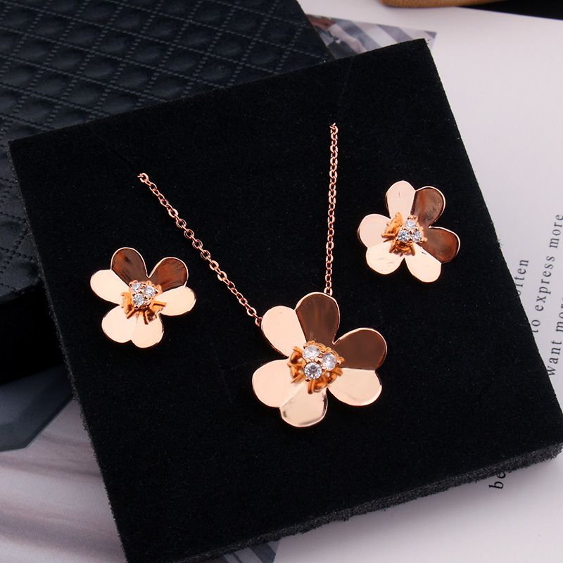 New Women's Fresh Plum Blossom Necklace Micro Pave Zircon Simple Floral Earrings Fashion Holiday Jewelry Set