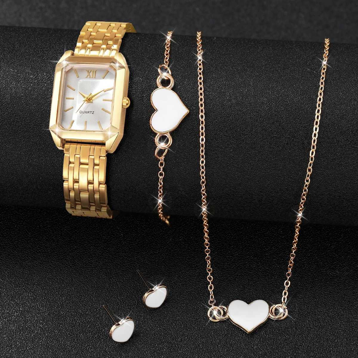 5PCS/Set Fashion Rectangle Women Quartz Watches Casual Roma Dial Watch Heart Jewelry Set Reloj Mujer Without Box Y251212