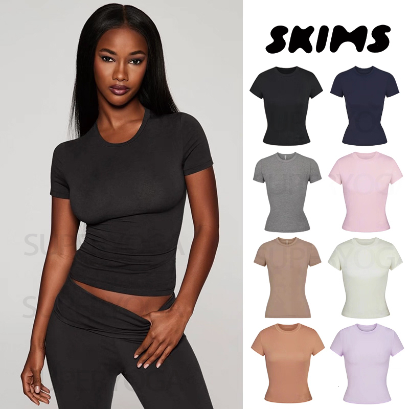 Skims Women Clothes Kim Kardashian Top T-Shirt Short Sleeve Stretch Slim Kylie Same Style Ribbed Cotton Crew Neck Base Shirt