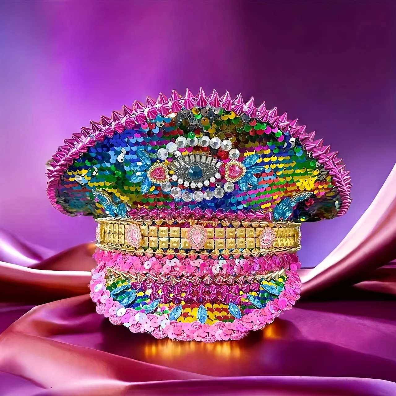 Luxury Colorful Sequin Festival Captain Hat Masquerade Unisex Adult Military Cap Polyester Steampunk Handmade Headwear Wedding X251212 - view 3