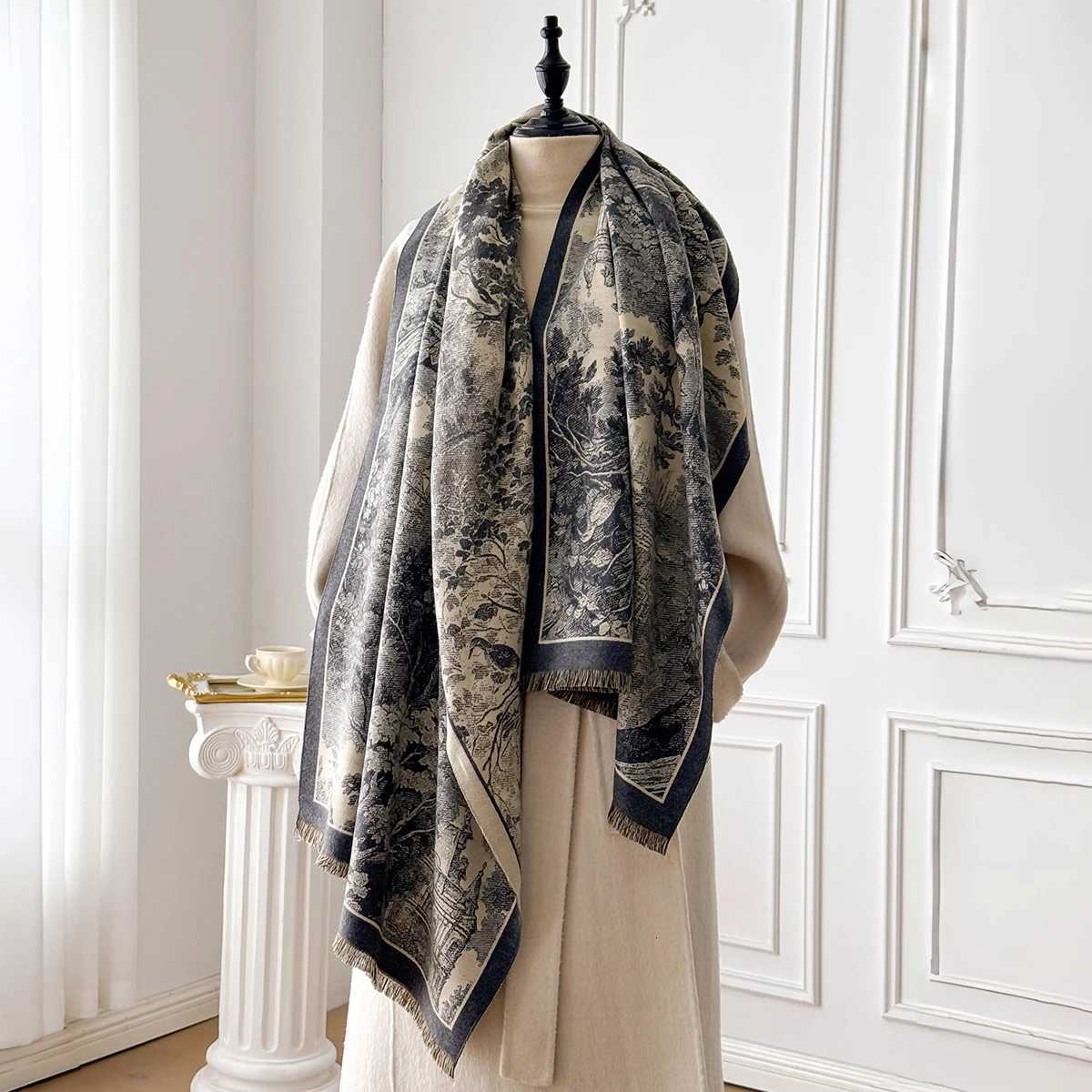 Elegant Retro Style Womens Double-Sided Landscape Print Cashmere Scarf Winter Warm Pashmina Shawl Foulard Poncho Y251211