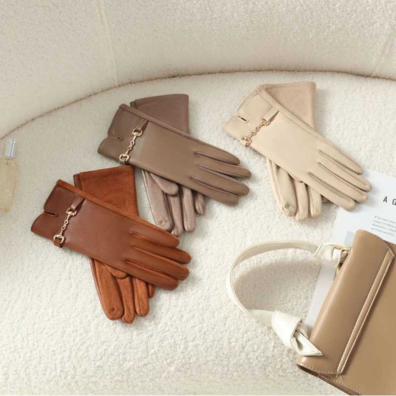 Women Winter Suede Double Layer Thick Riding Touch Screen Warm Gloves Outdoor Plus Velvet Driving Windproof Chain Leather Glvoes Y251211