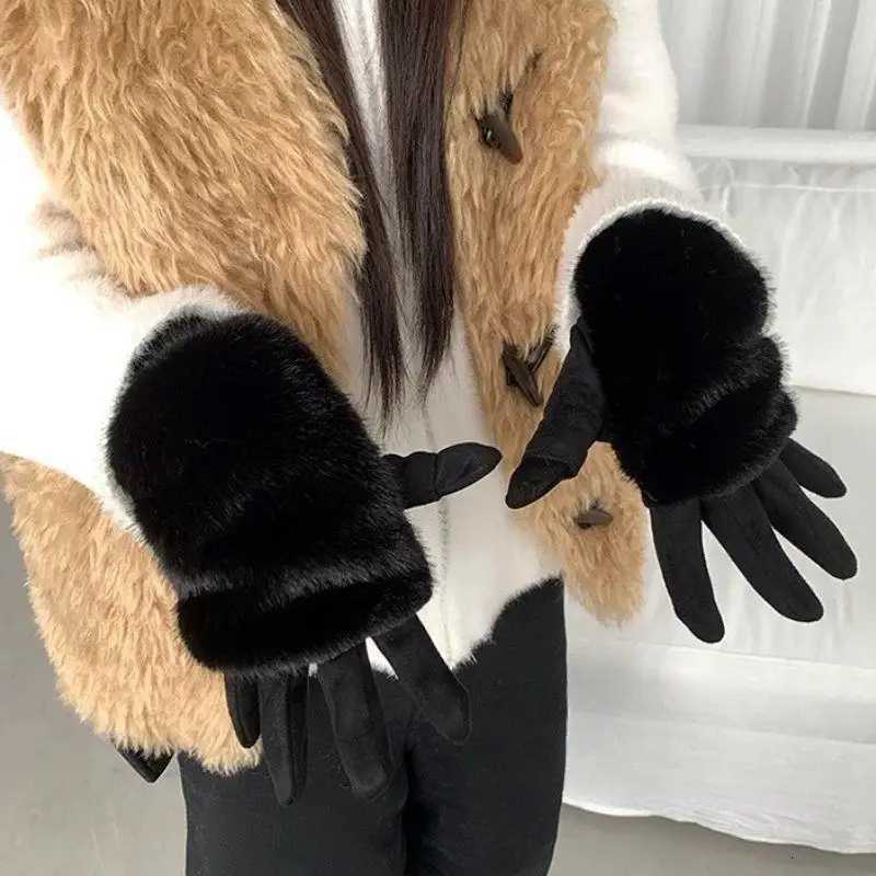 Winter Thickened Suede Gloves For Women Warm Rabbit Faux Fur Detachable Touch Screen Thermal Lining Gloves Windproof Fur Gloves Y251211