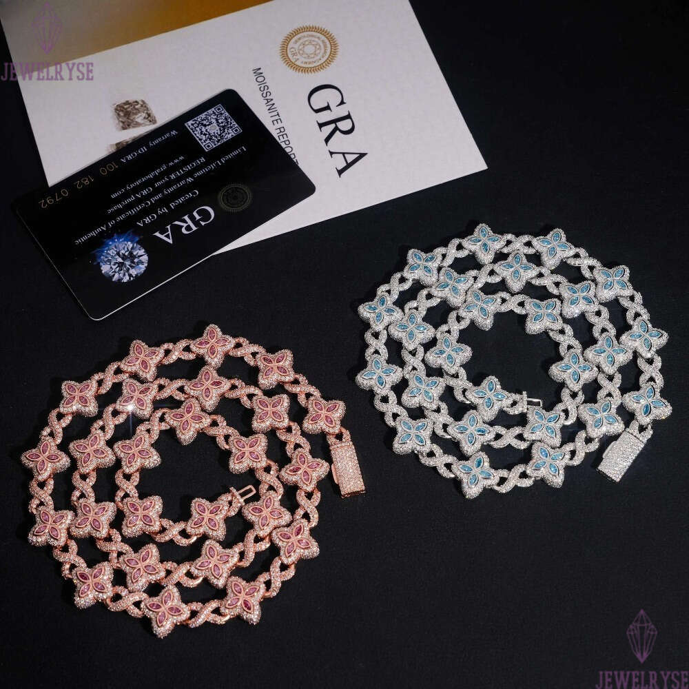 15mm Iced Out Hip Hop Jewelry Bracelet 925 Solid Silver Marquise Diamond VVS D Moissanite Cuban Link Chain Clover Necklace