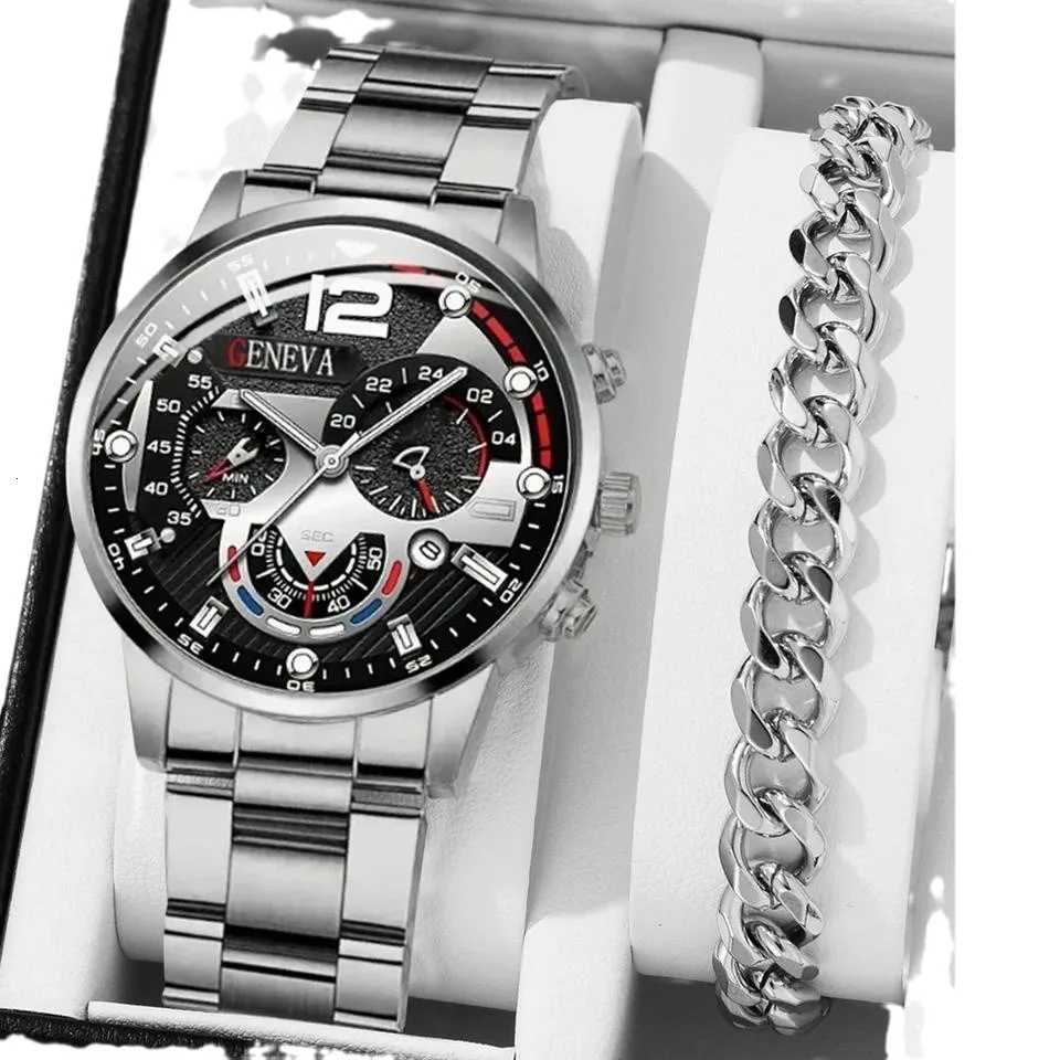 2pcs Luxury Black Quartz Watch Bracelet For Men Business Fashion Round Calendar Watch Set Without BoxRelogio Masculino Y251212