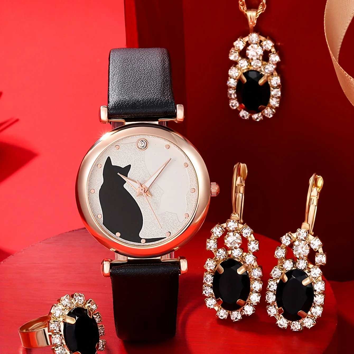 1pc Casual Round Pointer Quartz Watch Cat Pattern Rhinestone Decor Analog Dress Watch 4pcs Jewelry Set Gift For Mom/Her Y251212