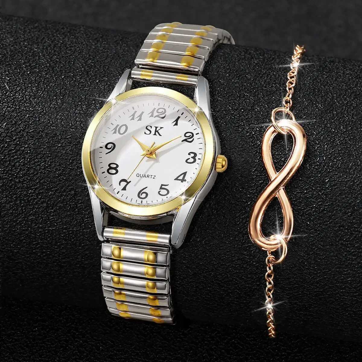 2PCS/Set Fashion Elastic Strap Women Watches Ladies Arabic Dial Quartz Wristwatches Bracelet Set Reloj MujerWithout Box Y251212
