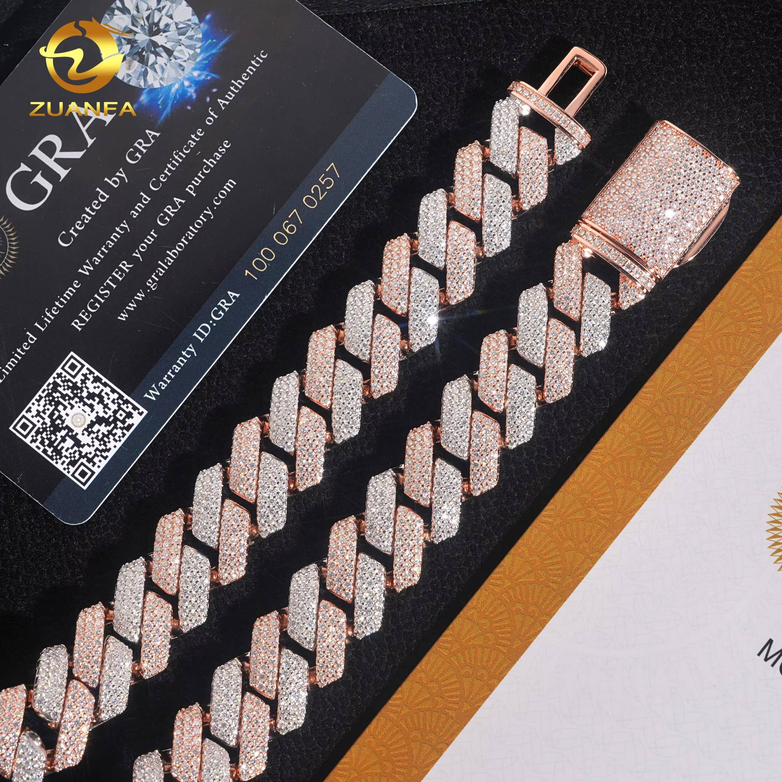 Custom Clasp Cuban Link Chain Luxury Design 2 Tone Roese and White Gold Necklace 925 Sterling Silver Iced Out Hip Hop Jewelry
