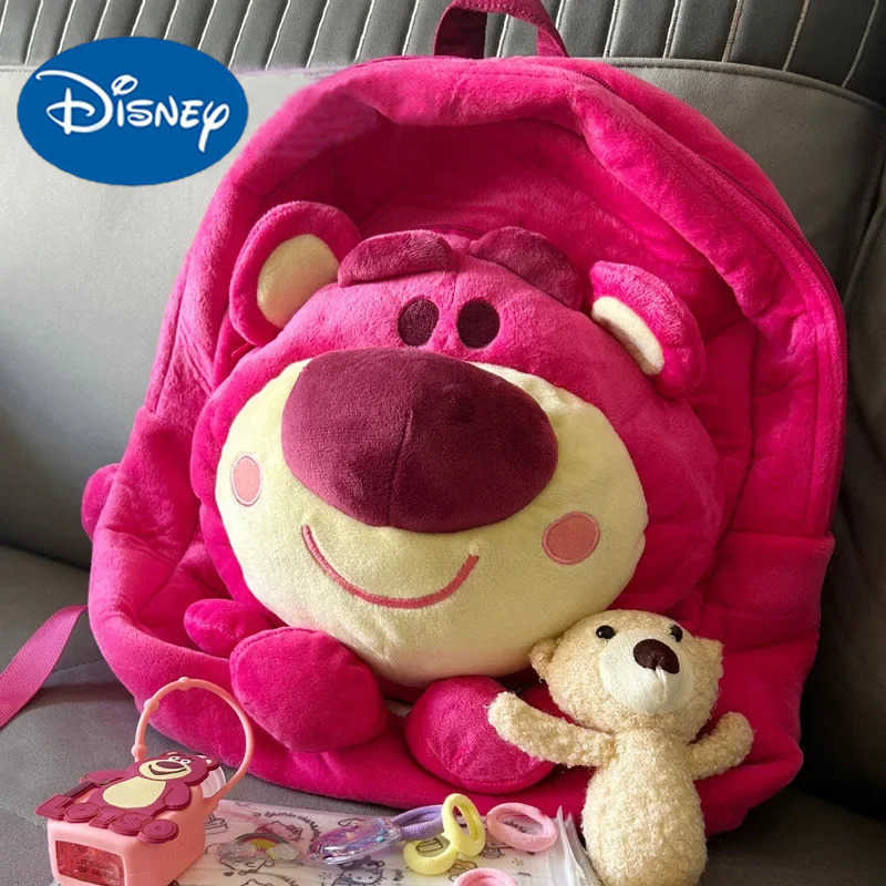 Disney Cartoon Pink Strawberry Bear Backpack Student Cute Large Capacity Plush Backpack Childrens Daily Travel Portable H251212