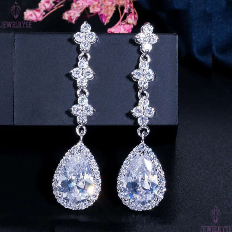 Top Grade Long Dangle designer earring 18 Water Drop Flowers White Green AAA Cubic Zirconia Copper 18k Gold Silver Earrings jewelry For Women Bride We